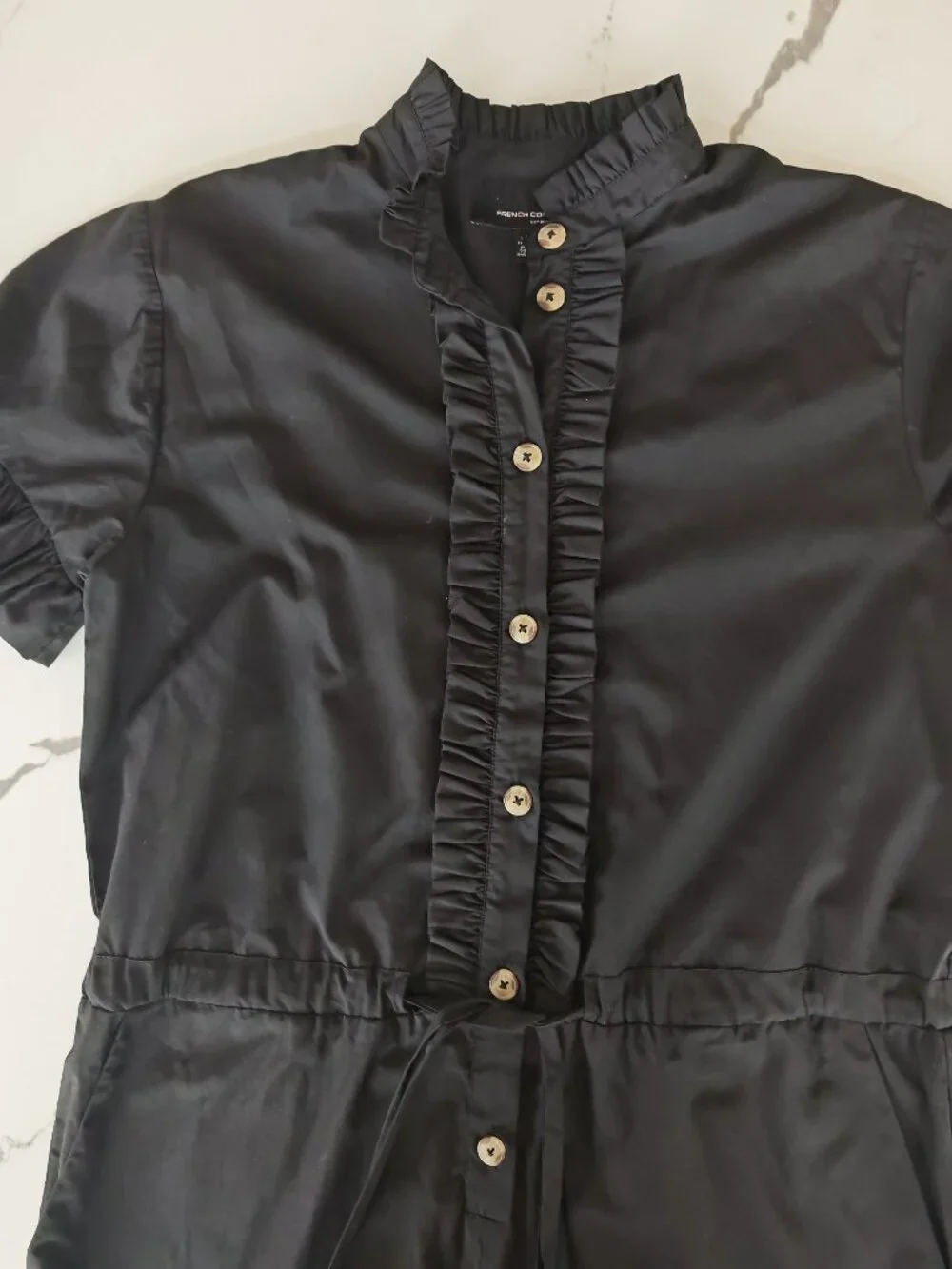 French Connection Black Ruffle Button Front Romper Dress Size 4 | Cinched Waist - Picture 7 of 11